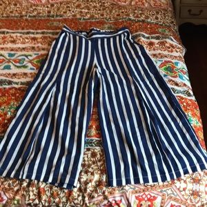 blue and white vertical stripe Mango capris